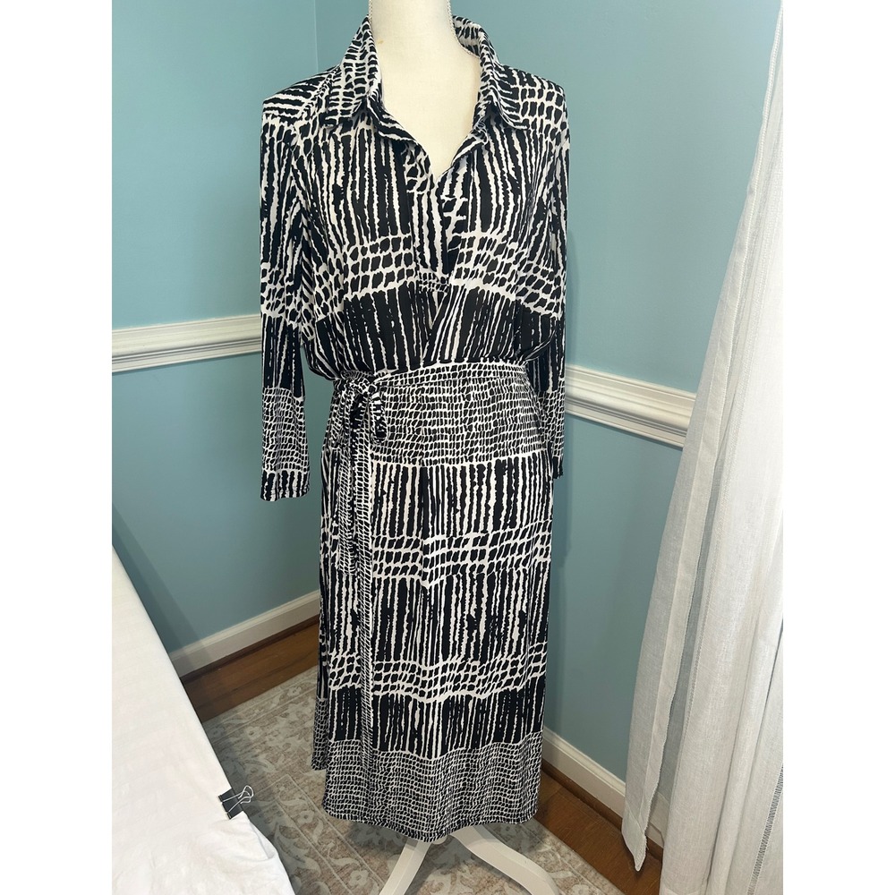 Mlle Gabrielle Black White Abstract Geometric Shirt Dress 2X NWT business chic